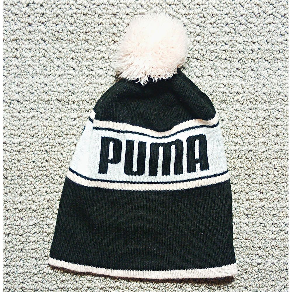 PUMA Men's Black/White Striped Knit Beanie Hat w/ Pom Pom O/S Winter. Vin-C03